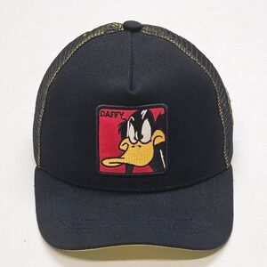 Black Daffy Duck Trucker Hat Mesh Back Yellow Trim Embroidered Patch Snapback